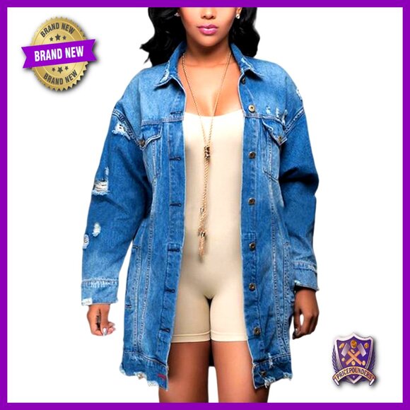 Distressed Denim Jacket Oversized Ripped Fringed Button Down Long Sleeve